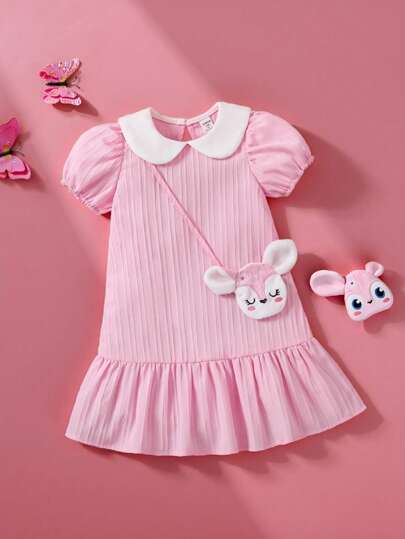 SHEIN Persoplay Kids Young Girl Peter Pan Collar Ruffle Hem Short Sleeve Dress