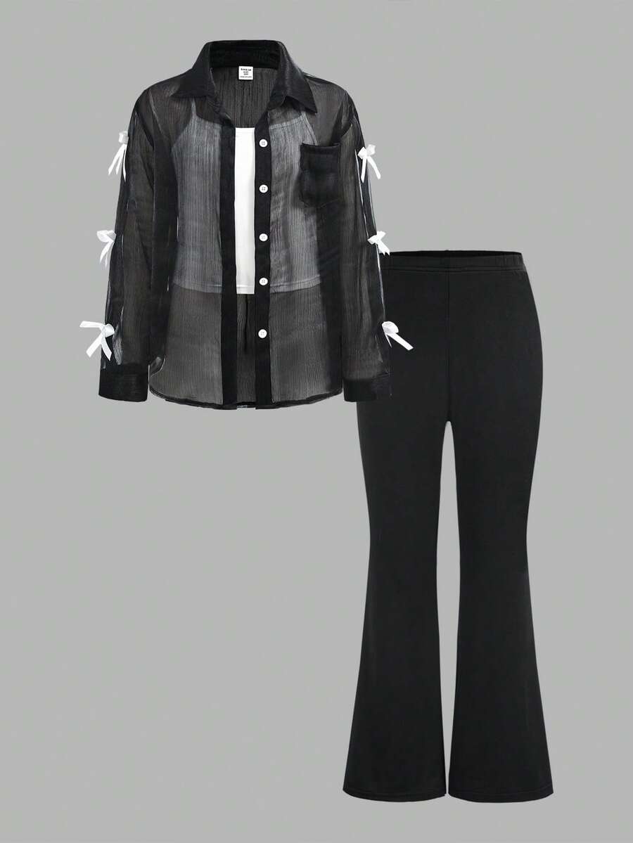 青春期女孩三件套：半透明欧根纱蝴蝶结衬衫、针织背心、针织喇叭裤、休闲甜美女孩装 - 黑色 - 查看 1