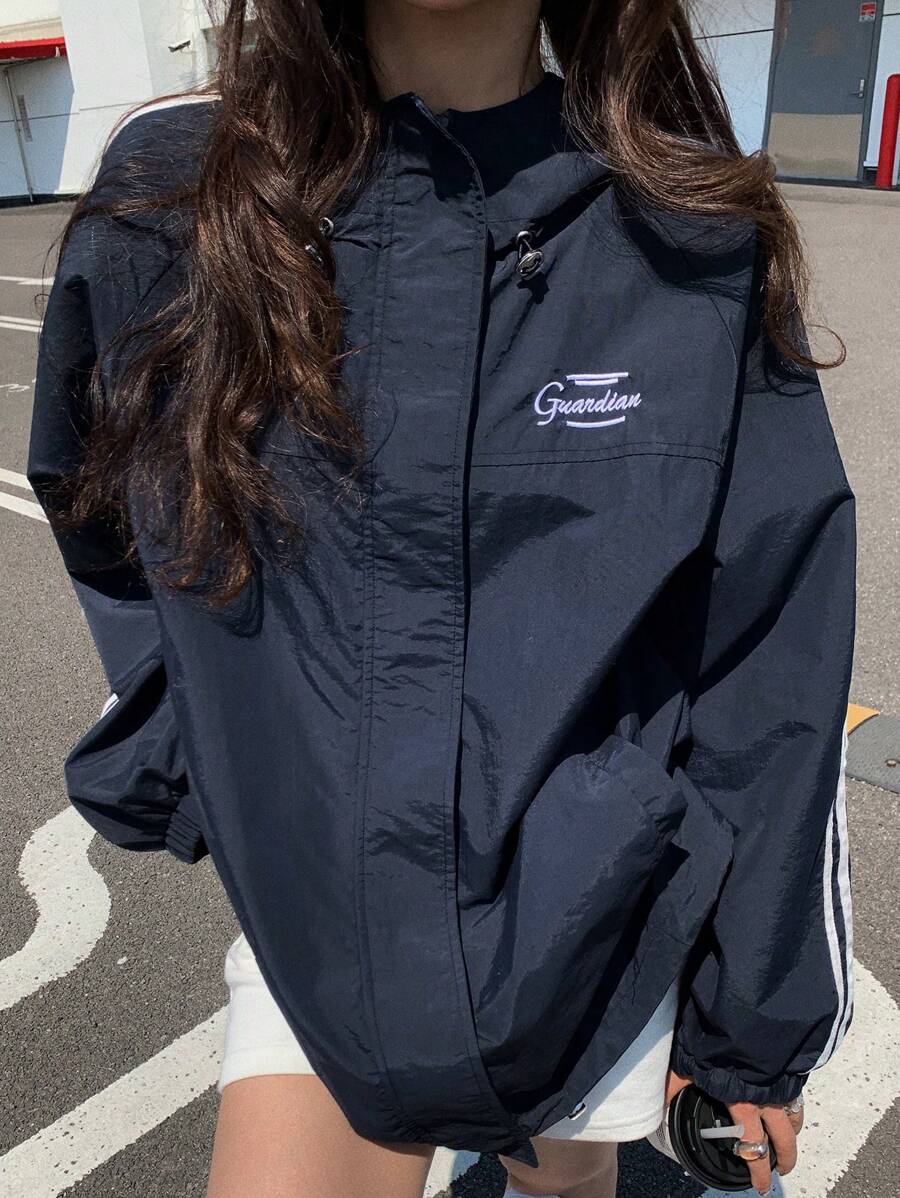 DAZY 女士条纹拼色宽松连帽夹克，秋装