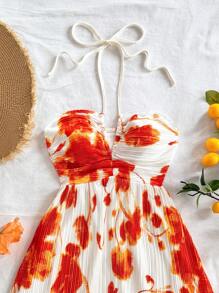 Soleia 女士度假风红色扎染花卉印花 A 字形系带领飘逸蝴蝶结夏季连衣裙，性感可爱，适合毕业季、婚礼季、圣诞节 - 黃色 - 查看 6