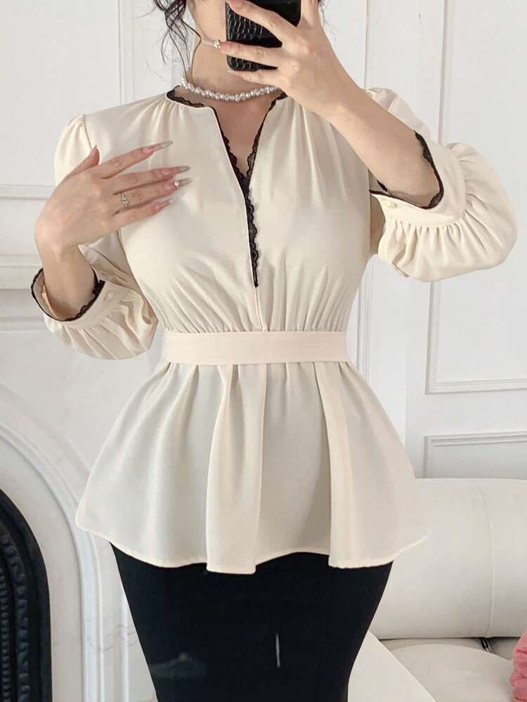 Women's Lace Trim Contrast Color Block 3/4 Sleeve Blouse, Pullover