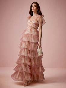 Enchnt Spring/Summer Romantic Women's Soft Pink Bowknot Multi-Tiered Ruffle Princess Maxi Cake Dress,Sweet&Elegant For Birthday&Holiday Party&Wedding Season&Sweet Date &Prom&Garden Parties&Vacation