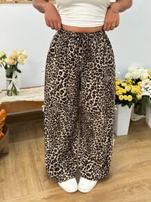 SHEIN EZwear Plus Size Leopard Print Loose Straight Leg Casual Pants