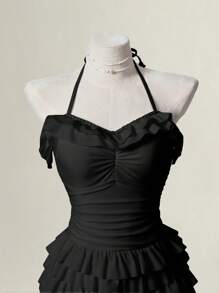 SHEIN MOD Women's Ruffled One-Piece Swimsuit With Multiple Colors,Country Concert Outfit - Black - View 4