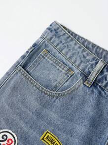 ROMWE MEN Prep 大码男士字母刺绣口袋宽松休闲牛仔短裤 - 藍色 - 查看 7