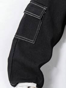 YOUNG BOYS Classic Black With White Stitching Loose Straight Leg Jeans, Dual Side Pockets, Graphic Hem Design, Casual School Style Boys Long Pants - Black - View 3