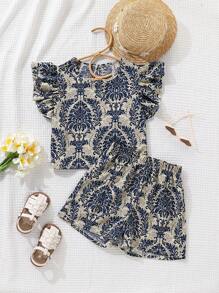 2pcs/Set Tween Girls Green Floral Print Ruffle Trim Top And Shorts Set