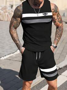 Manfinity Homme Set di gilet e pantaloncini casual da uomo in stile urban con design a righe e patchwork