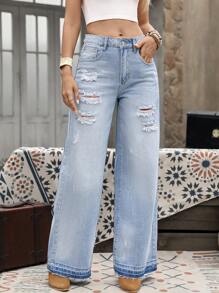 EMERY ROSE Jeans de mezclilla holgados y anchos con efecto desgastado para mujer, casuales para vacaciones - Azul - Ver 4