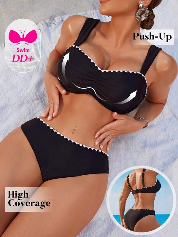 Swim DD+ Elegantes Bikini-Set mit kontrastfarbigem Rand, für Sommer-Strandurlaub