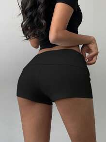 SHEIN BASICS Plain Color Knitted Low-Rise Skinny Workout Shorts For Women Sexy - Black - View 2