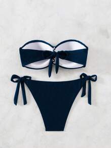 SHEIN Swim 女款夏季海灘純色褶紋斜肩比基尼裝套裝 - 藏蓝色 - 查看 2