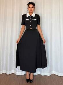 Chiquease Women's Elegant Commuter Solid Color Contrast Patchwork Polo Shirt Short Sleeve + Long A-Line Dress Set - Black - View 5