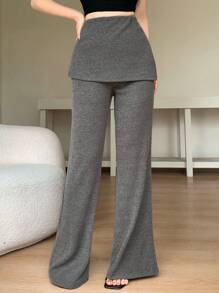 DAZY 1 件女士纯色喇叭裤，休闲二合一运动裤，适合夏季女士慢跑裤 - 灰色 - 查看 3