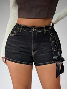Jeanoix Pantaloni scurți din denim pentru femei, stil cowboy occidental, mărime plus, la modă, spălati, albastru închis, cu elastic ridicat, cu bowknot, de vară - Spălare întunecată - Vizualizare 1