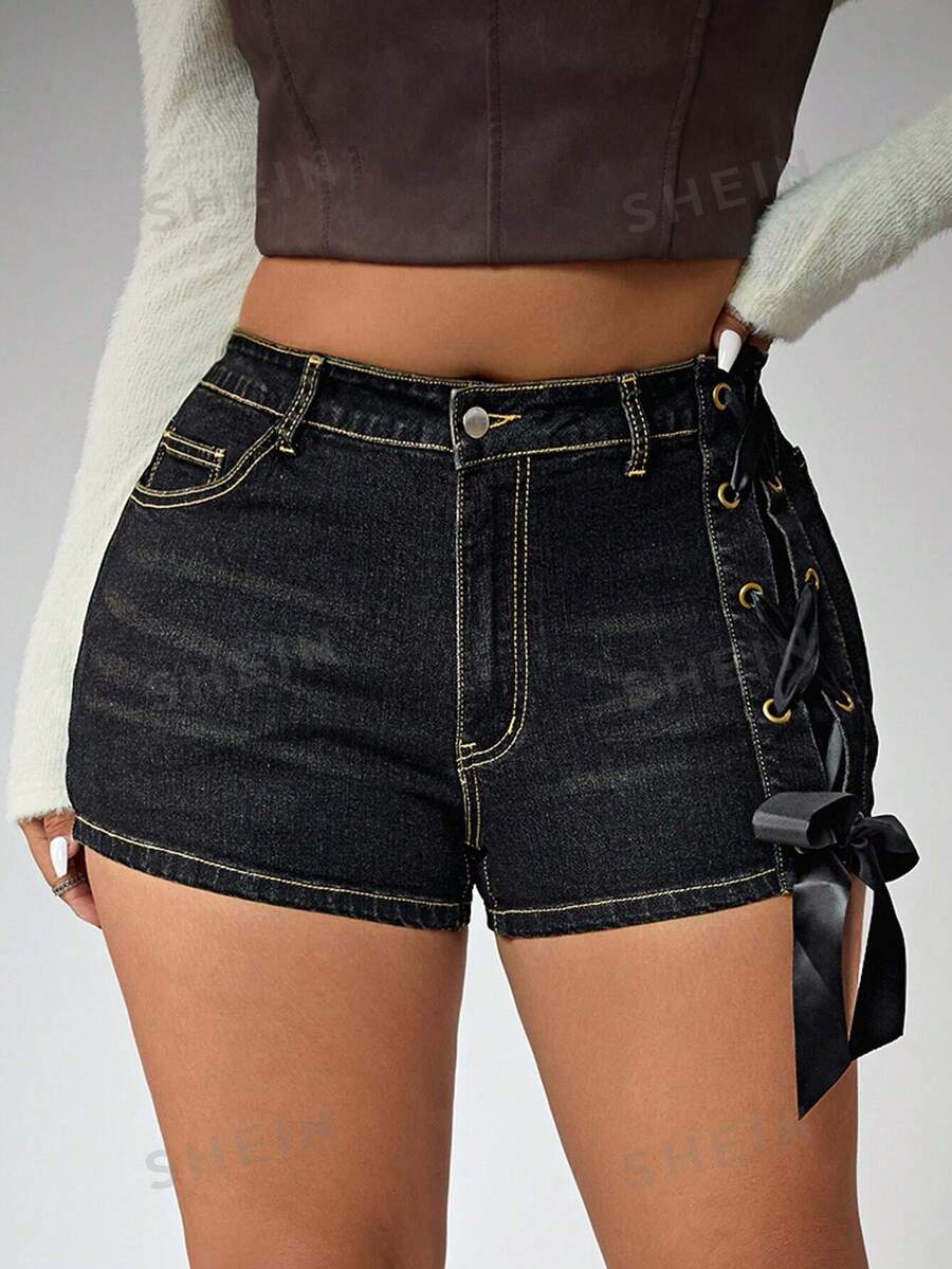 Jeanoix Pantaloni scurți din denim pentru femei, stil cowboy occidental, mărime plus, la modă, spălati, albastru închis, cu elastic ridicat, cu bowknot, de vară - Spălare întunecată - Vizualizare 1