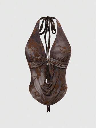 Fairycore Camiseta sin espalda con escote profundo en V y estampado de flores con efecto teñido anudado, para mujeres, tema de vacaciones/naturaleza