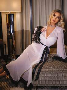 SilkySpell Women 3D Floral Lace Trim Sheer Sexy Robe - White - View 5