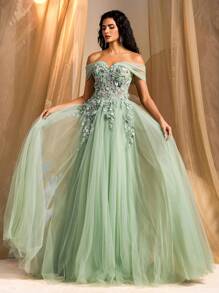 Glamrae Elegant And Gorgeous Light Green Off-Shoulder Luxury 3D Floral Lace Beads Bright Floral Appliques Contrast Mesh Oversized Hem Tutu Dress Suitable For Wedding Events, Bachelorette Party, Vacation, Graduation Season Prom Dinner Dress (Heavy Duty Design), Formal, Gown, For Evening, Wedding Guest - Green - View 6