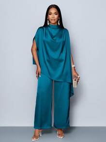 SOLERSUN 女士时尚纯色优雅立领时尚精致蝙蝠袖缎面不对称下摆衬衫和直腿优雅长裤套装 - 水鴨藍 - 查看 3