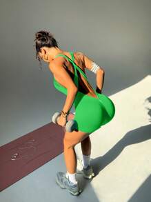 Slayform Mono corto de un solo color con espalda descubierta y recortes para mujer para entrenamiento diario - Verde - Ver 4