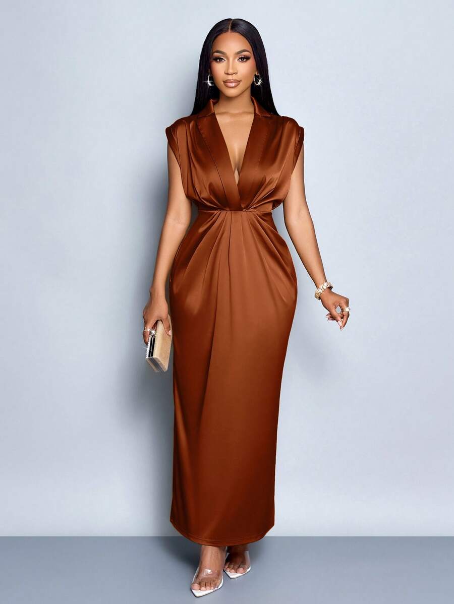 SOLERSUN Women Commute Minimalist Office Old Money Simple Lapel Neck Batwing Sleeve Ruched Bodycon Satin Dress Maxi Women Outfit - Brown - View 1