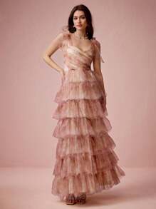 Enchnt Spring/Summer Romantic Women's Soft Pink Bowknot Multi-Tiered Ruffle Princess Maxi Cake Dress,Sweet&Elegant For Birthday&Holiday Party&Wedding Season&Sweet Date &Prom&Garden Parties&Vacation