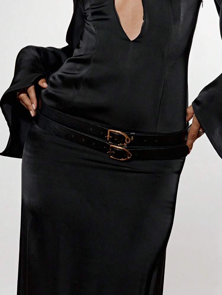 KIZN Satin Plunge Neckline Maxi Dress With Bell Sleeve And Belt