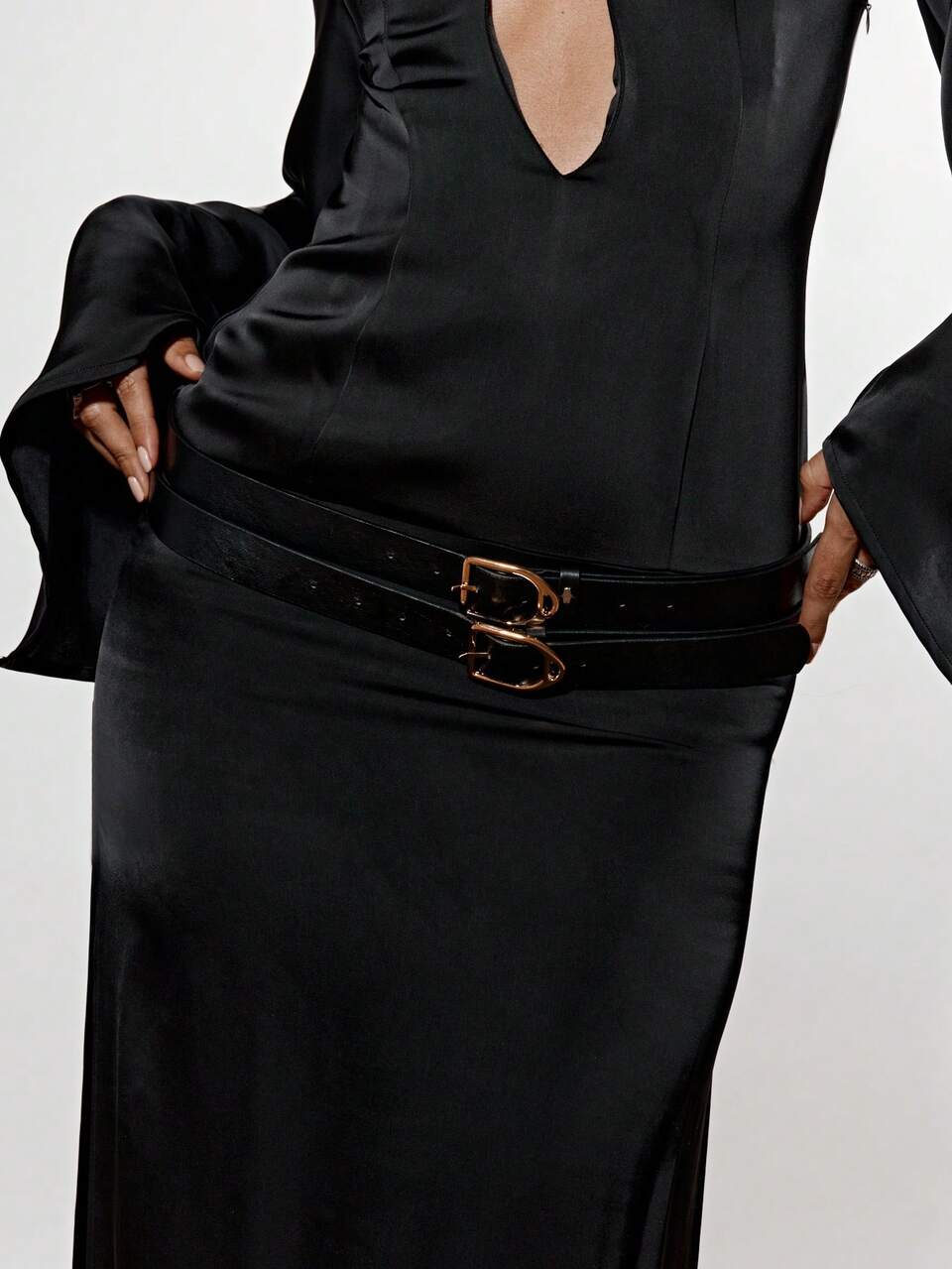 Maxi-Kleid mit Glockenärmeln, Ausschnitt mit Pludderausschnitt, Gürtel, für Hochzeitsgäste, formelle Partys, besondere Anlässe im Frühling und Sommer, Satin