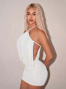 SHEIN ICON 夏季性感褶皱迷你挂脖紧身连衣裙 - 白色 - 查看 4