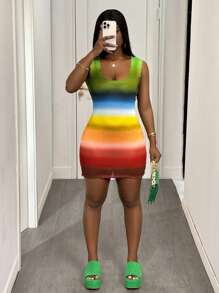 Slaydiva Vestido de verano de ocio y vacaciones 2025 para uso diario y playa, con cuello en U, sin mangas, mangas con volantes, estampado de degradado de arcoíris, falda mini, falda de cadera, vestido de suéter para mujer - Multicolor - Ver 3