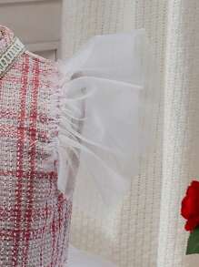 2 件套年轻女孩时尚甜美网眼盖袖格子连衣裙和包包套装，适合派对和外出，夏季新品