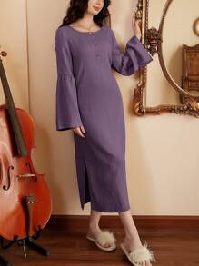 Women's Solid Color Button Design Flared Sleeve Loungewear Dress - Purple - View 6