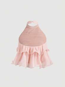 SHEIN MOD Pink Multi-Layered Ruffle Crop Top, Cute Tops, Elegant Shape, Backless Top, New Years Top, Party Tops Women, Women's Casual Front Button Wide Strap Minimalist Blouse For Everyday Wear, Vintage , Women Clothes, Look Valentine's Day, Rave Top - Pink - View 2