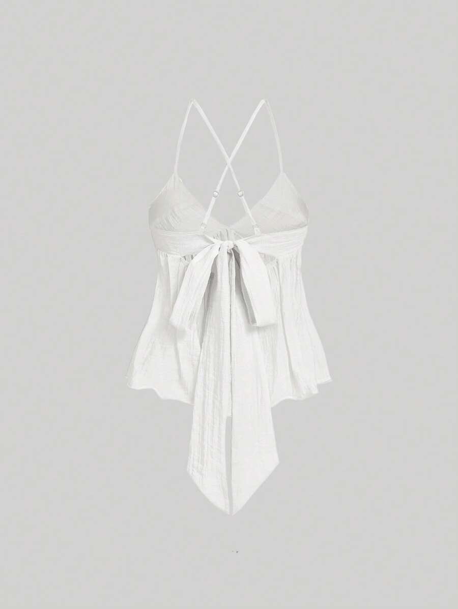 SHEIN MOD 白色蝴蝶结吊带背心，可爱上衣，春夏上衣，适合乡村度假、海滩旅行、波西米亚风格 - 白色 - 查看 1
