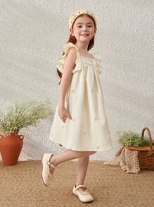 Blossori Váy tay bèo nhún lớn thêu hoa vàng thanh lịch kiểu Pháp cho bé gái, mùa xuân/hè - Màu vàng - Xem 4