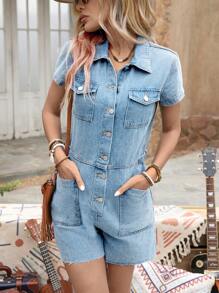 Breezaya 女式短袖单排扣口袋休闲牛仔连身裤 - 中等水洗藍 - 查看 1