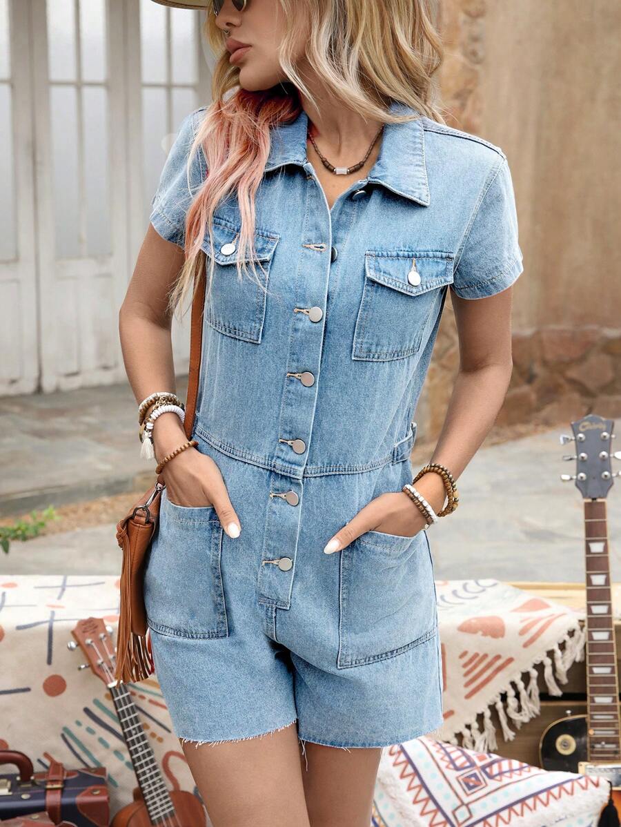 Breezaya 女式短袖单排扣口袋休闲牛仔连身裤 - 中等水洗藍 - 查看 1