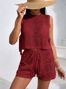 EURMUSE Damen Shorts & Top Überwurf Set, Cut Out - Rot - Übersicht 1