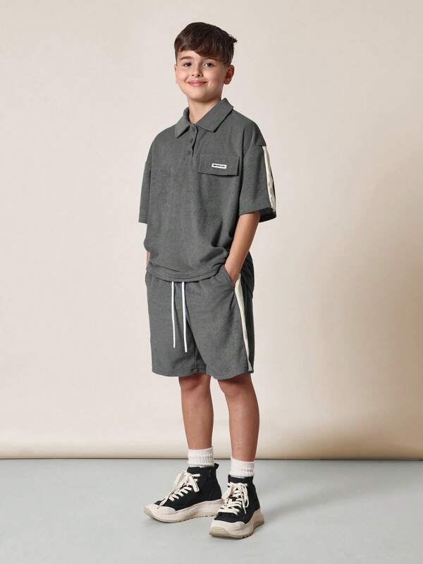 SUMWON Conjunto de paseo informal tipo chandal de dos piezas oversize de felpa para niños, estilo casual de calle, conjunto de chándal acogedor tipo polo para uso deportivo y de ocio
