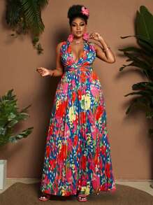 Maweii Plus Size Allover Print Tie Up Ruffle Hem A-Line Elegant Vacation Dress - Multicolor - View 7