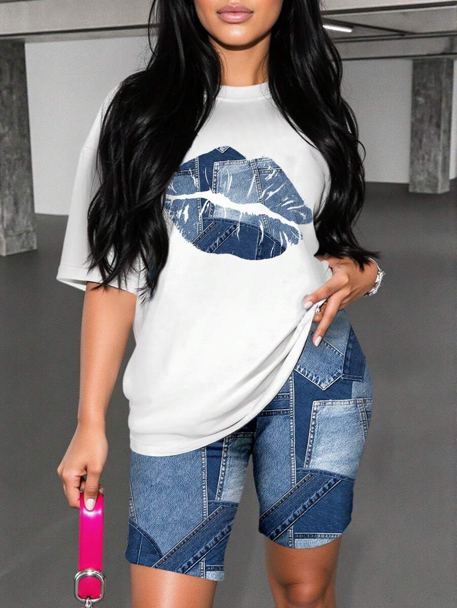 Slaydiva 2 件套加大码套装，带有休闲简约唇印，适合夏季 - 藍色 - 查看 1