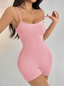 SHEIN PETITE Casual Simple Solid Color Suspender Jumpsuit Suitable For Summer Tight Women's Bodysuit - Pink - View 4