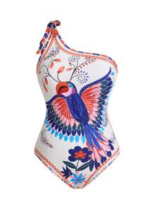 Swim Oasis 2 pezzi/set Costume da bagno monospalla con stampa casuale e coprispalle lungo abbinato per taglie forti, set da bagno casual e alla moda per vacanze
