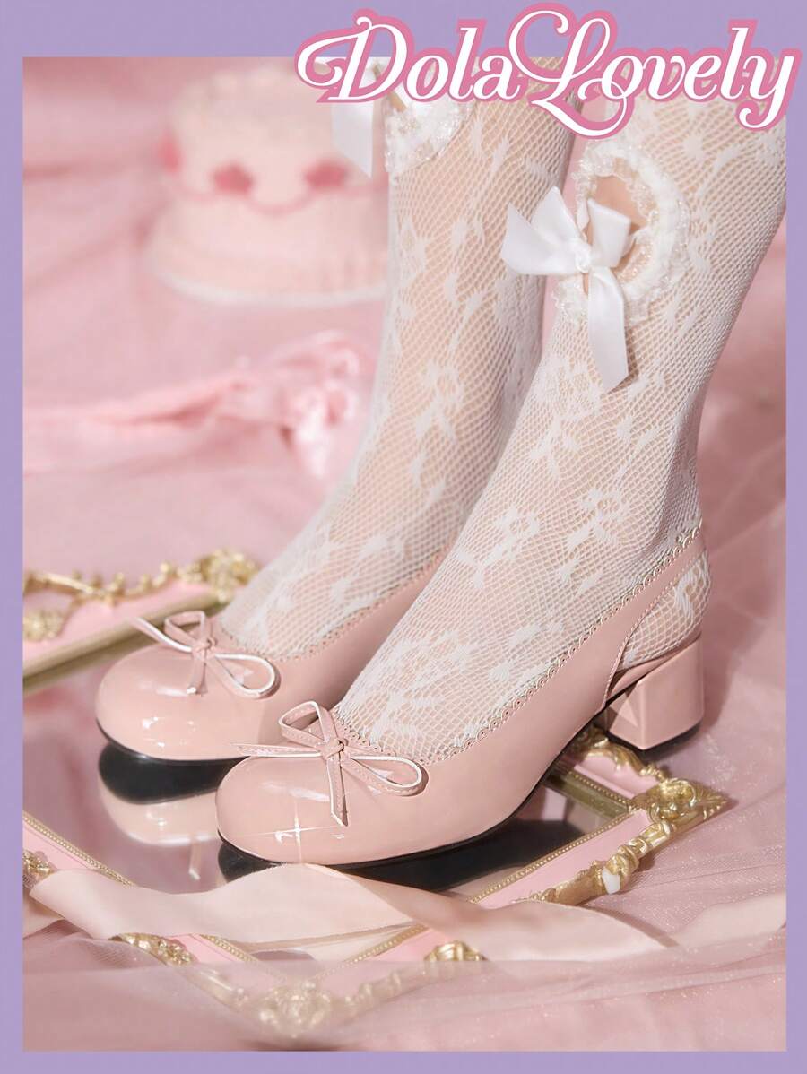 Dola Lovely Bow Decor Mary Jane High Heel Shoes, Elegant Ladylike Pumps - Baby Pink - View 1