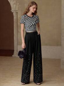 MOTF PREMIUM Schmetterling Applikationen gestreiftes Muster T-Shirt