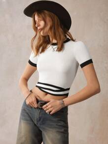 SHEIN LUNE Western Casual Basic Summer Top, American Vintage Style Contrast Color Twist Waist White Short Sleeve Shirt Western Clothes For Women - White - View 1