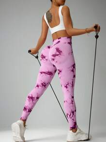 Gameset SHEIN Sport 扎染印花高腰无缝瑜伽紧身裤 - 粉色 - 查看 6