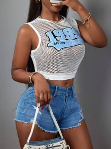 Slaydiva T-shirt court sans manches à encolure ronde, à motif graphique lettres Millenium Y2K, en mailles transparentes. Nouveau style décontracté quotidien Printemps/Été 2025