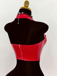 Amplova 女式简约修身休闲金属腰带装饰露背短款上衣